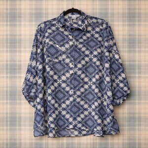 Semi-Sheer Blue & White Retro Blouse